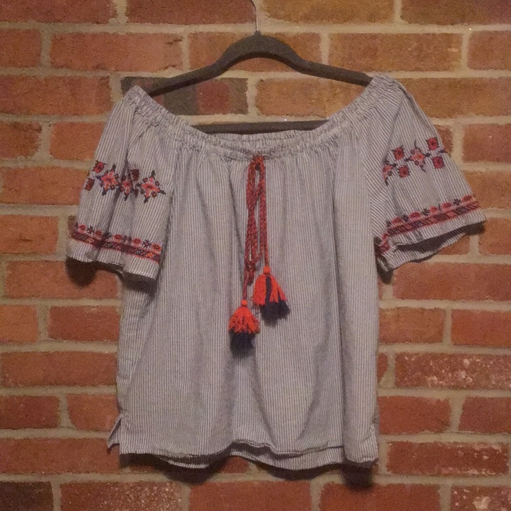 Loft off the shoulder tip with embroidery & fringe